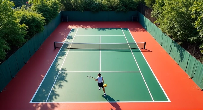 Tennis court with players in action