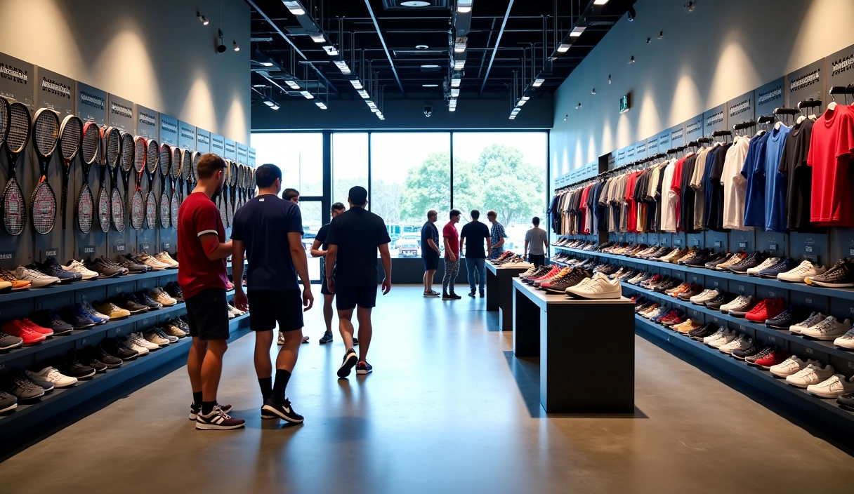 Interior of a modern tennis equipment showroom