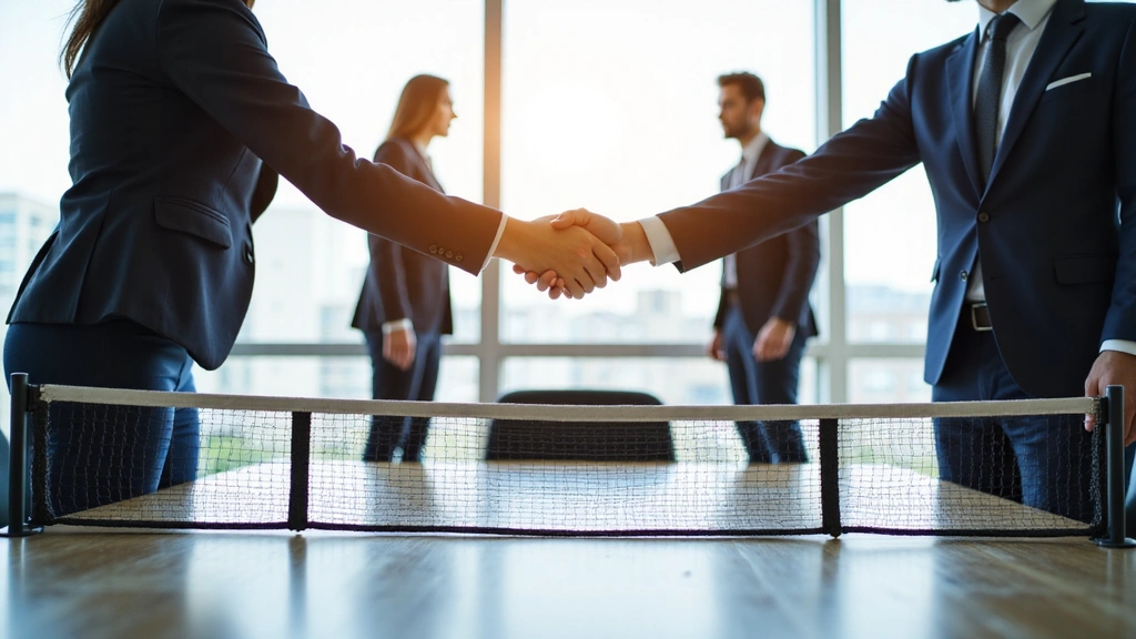 Two business people shaking hands over a tennis net