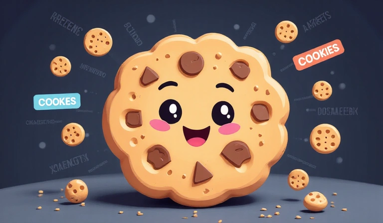 A cartoon cookie with computer chips and data flowing around it, representing digital cookies.