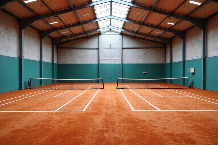 Interior of a modern indoor tennis facility with multiple clay courts, high ceilings, and bright lighting. No players.