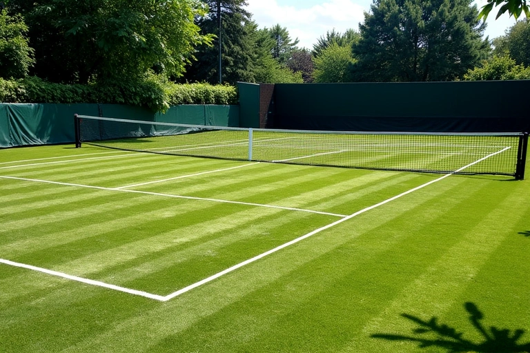 Lush green grass tennis court on a sunny day, with traditional white lines and a net. No players.
