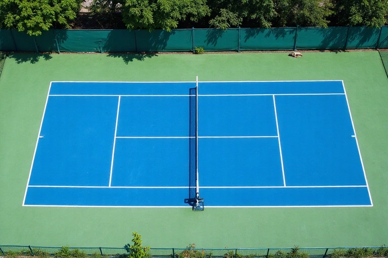 Overhead view of a pristine hard tennis court with vibrant blue surface and white lines, surrounded by green fencing.