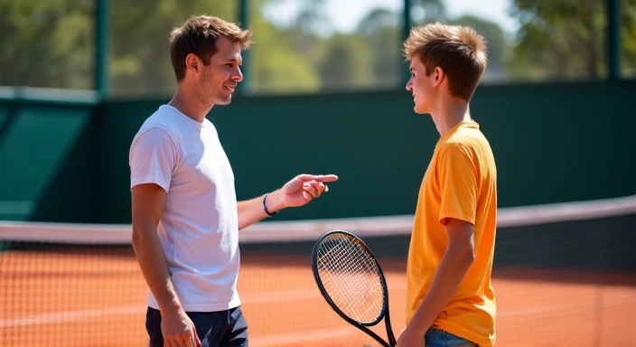 A tennis coach giving tips to a junior player on court