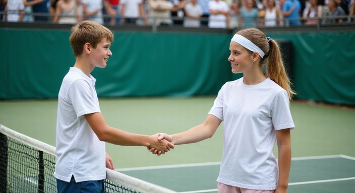 Junior tennis players shaking hands at the net after a match