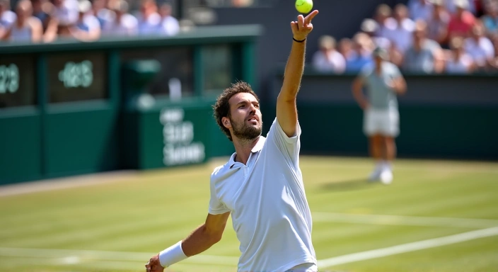 Professional tennis player serving during a Grand Slam match