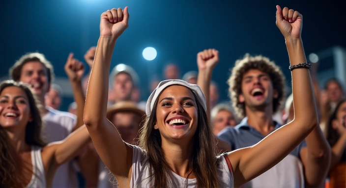 Tennis fans cheering enthusiastically in a stadium