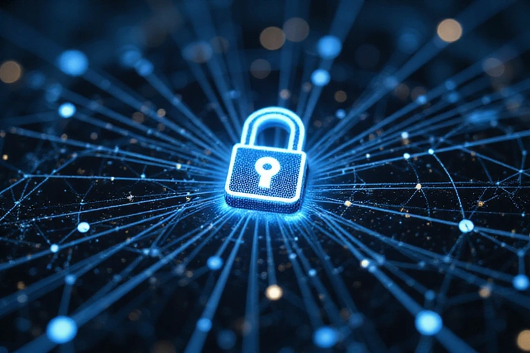 A digital padlock icon glowing on a dark background with abstract data lines, representing strong data security.