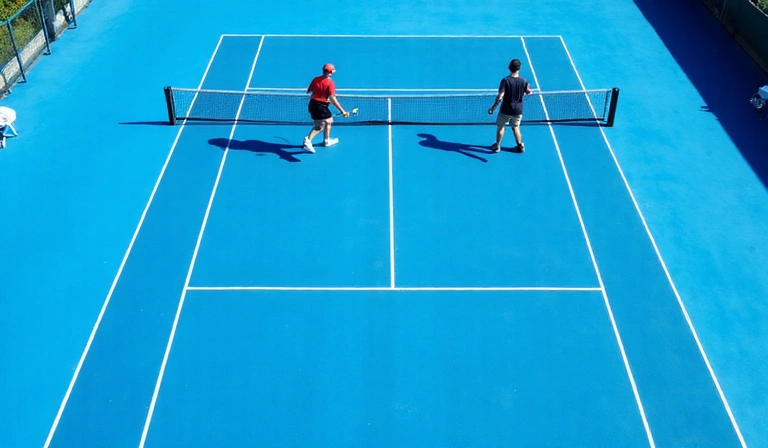 A tennis court with players in action, viewed from above
